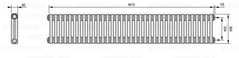 Схема (чертеж) Радиатор Zehnder Charleston 2030/35 №7610 Белый глянцевый RAL 9016